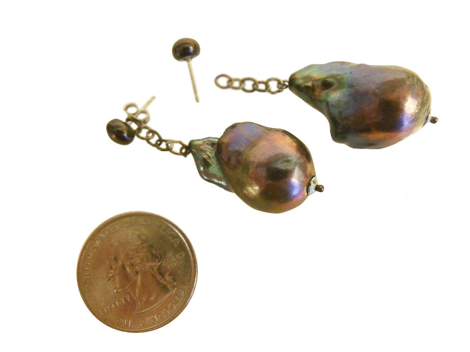 Jumbo Baroque Chinese Freshwater Greyish Blackish Pearl Earrings-One of a kind-007-1