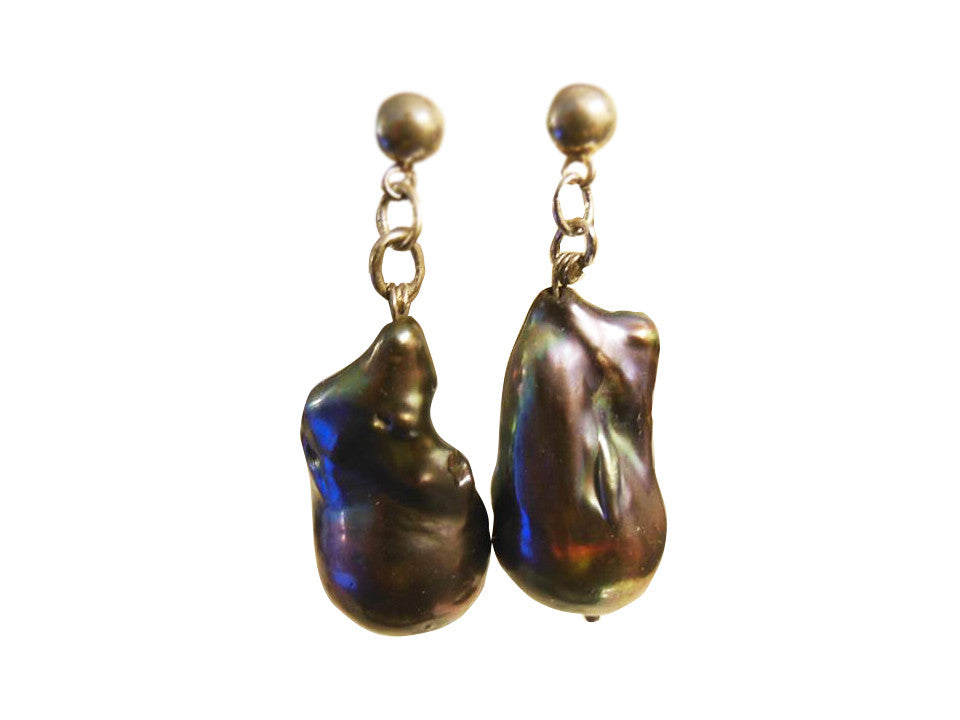 Jumbo Baroque Chinese Freshwater Grey Black Pearl Earrings-One of a kind-006-0