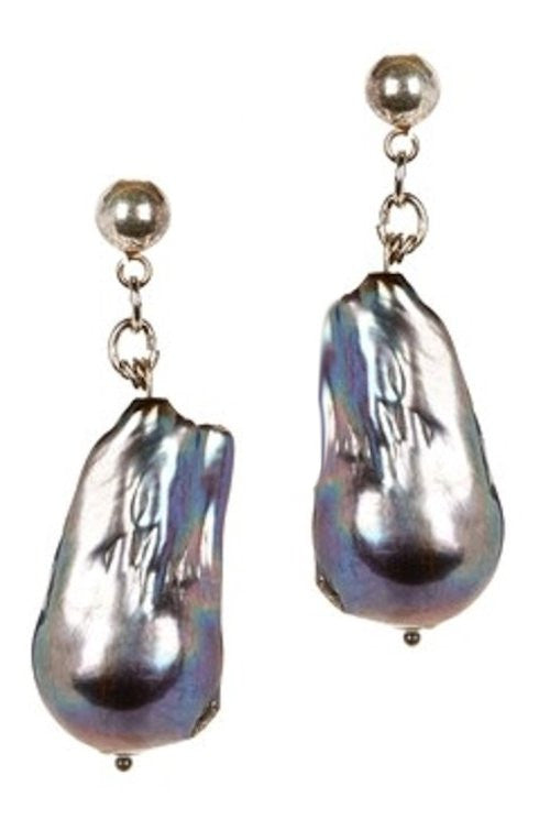 Jumbo Baroque Chinese Freshwater Grey Black Pearl Earrings-One of a kind-006-3