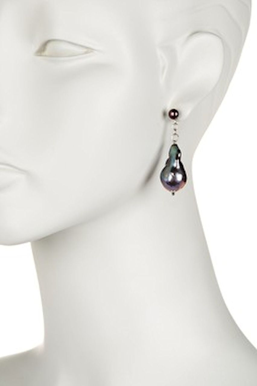 Jumbo Baroque Chinese Freshwater Grey Black Pearl Earrings-One of a kind-006-1