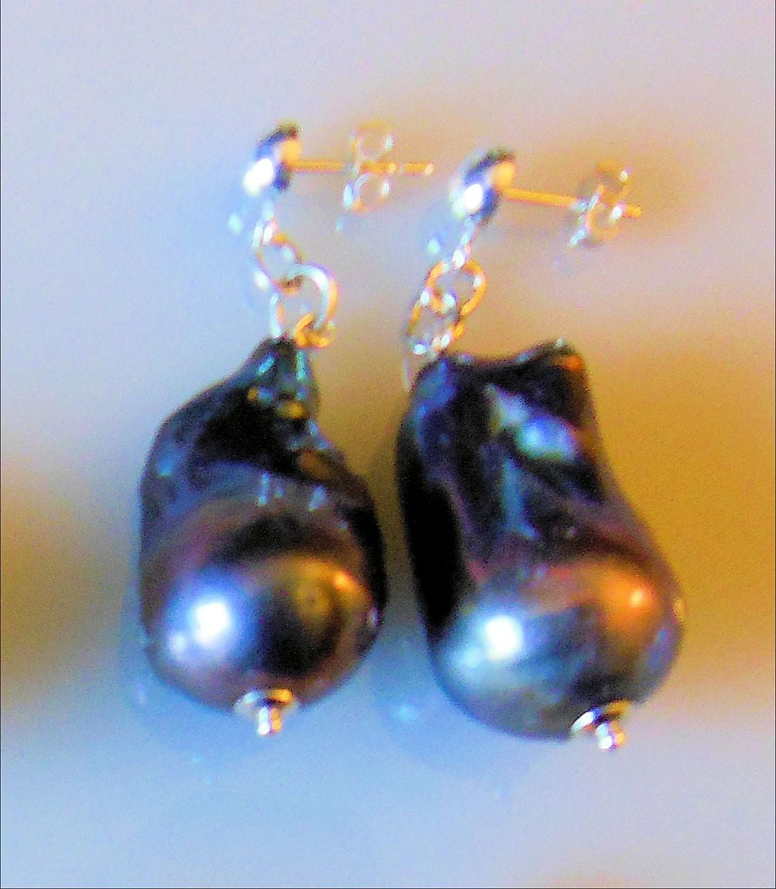 Jumbo Baroque Chinese Freshwater Grey Black Pearl Earrings-One of a kind-006-5