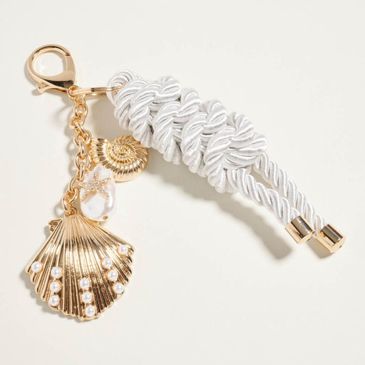Coastal Pearl Pave Shell Charm Drop Braided Cord Bag Charm Keychain