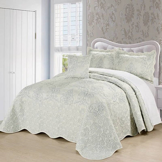 King size Antique White Damask Embroidered 4 Piece Oversized Bedspread Set-0