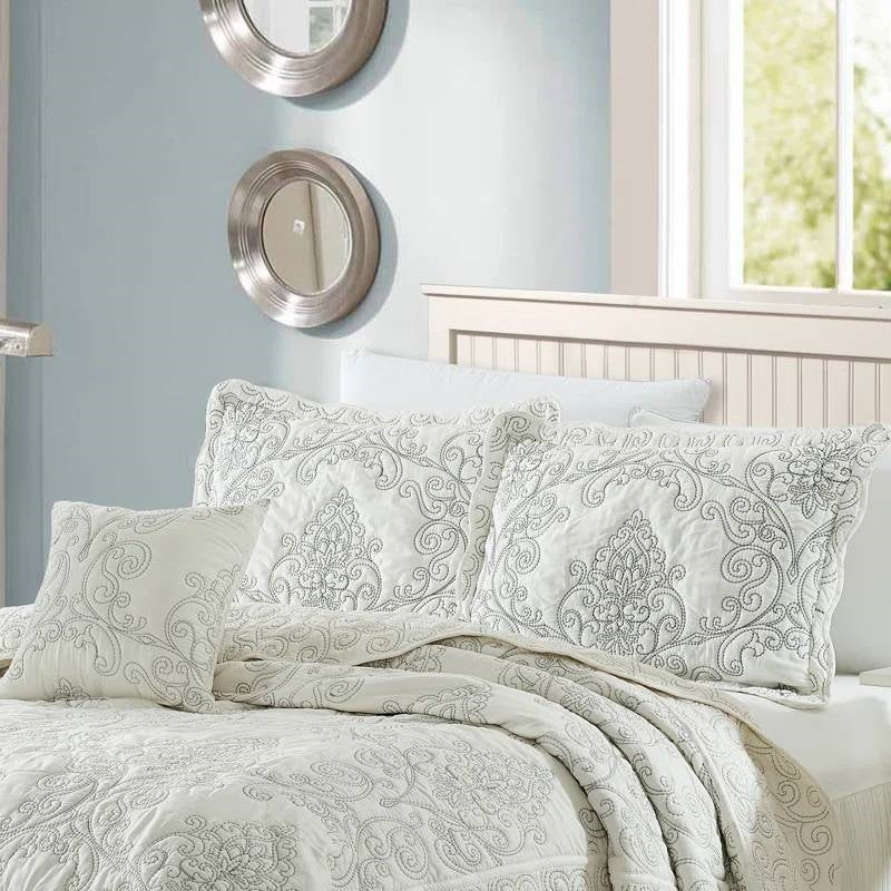 King size Antique White Damask Embroidered 4 Piece Oversized Bedspread Set-1