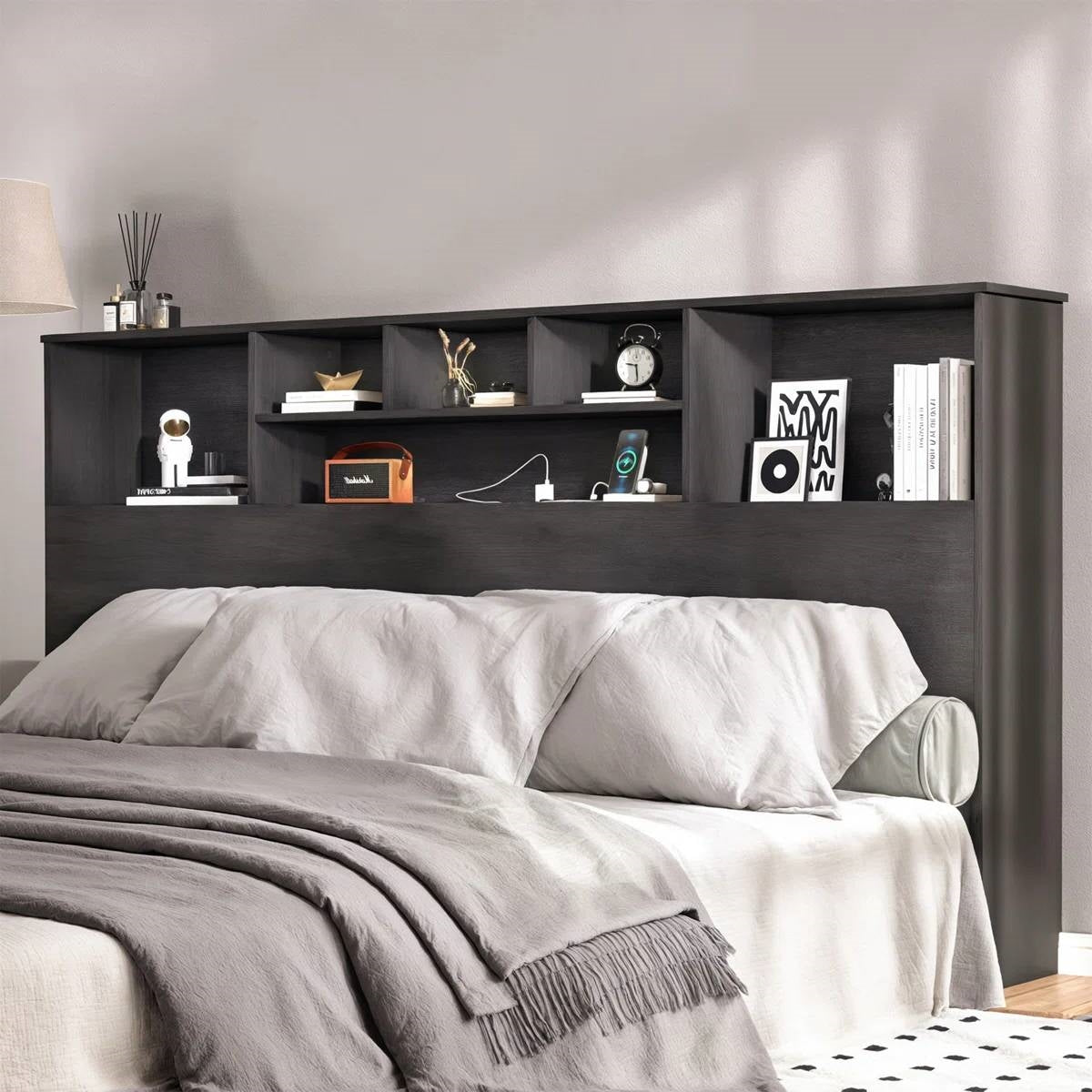 King size Bookcase Headboard in Black Wood Finish with LED Lights-0