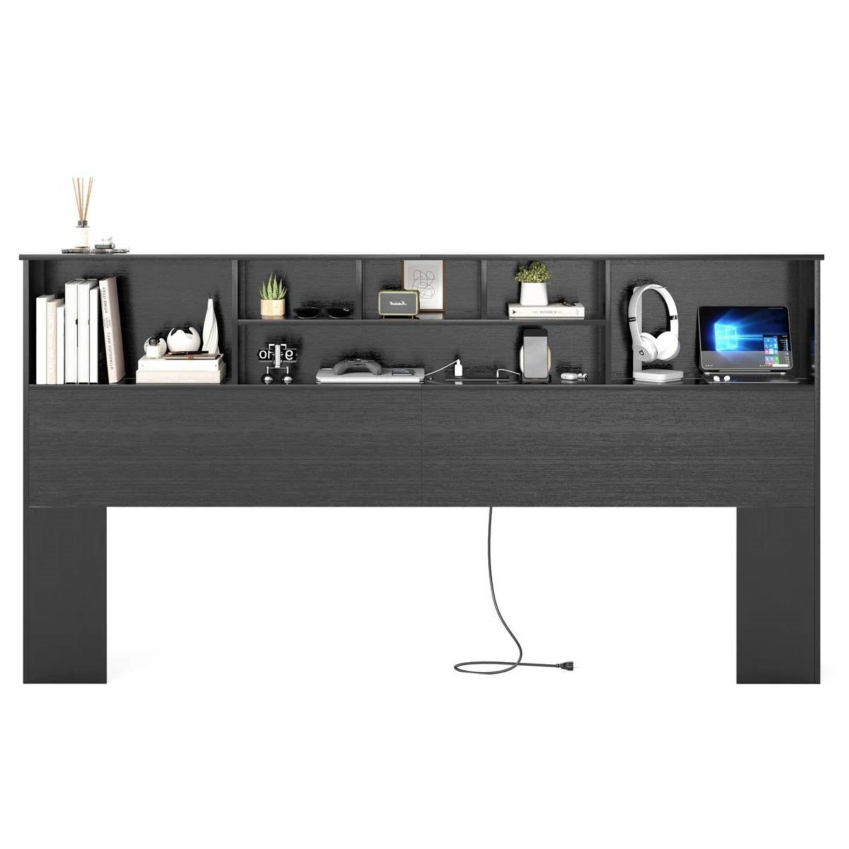 King size Bookcase Headboard in Black Wood Finish with LED Lights-1