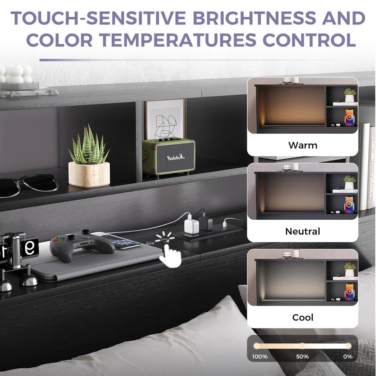 King size Bookcase Headboard in Black Wood Finish with LED Lights-3