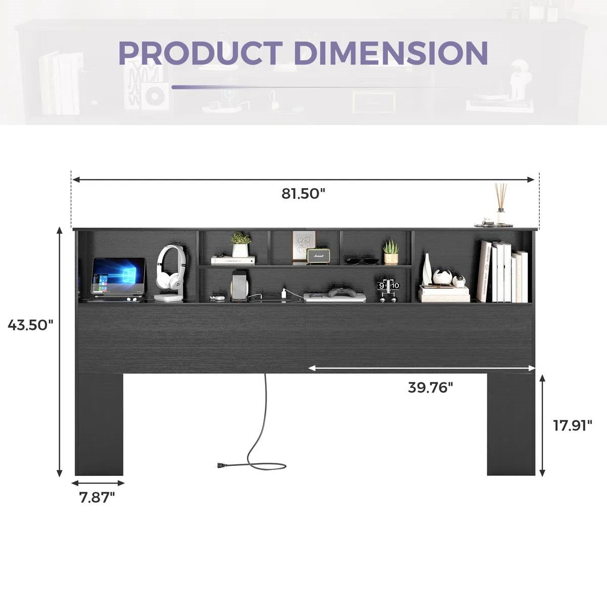 King size Bookcase Headboard in Black Wood Finish with LED Lights-4