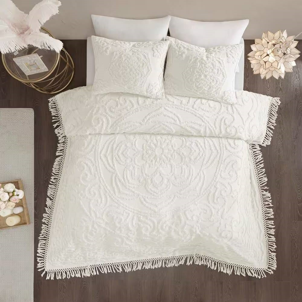 King 100-Percent Cotton Chenille Bedspread with Fringe Hem in Off-White-1