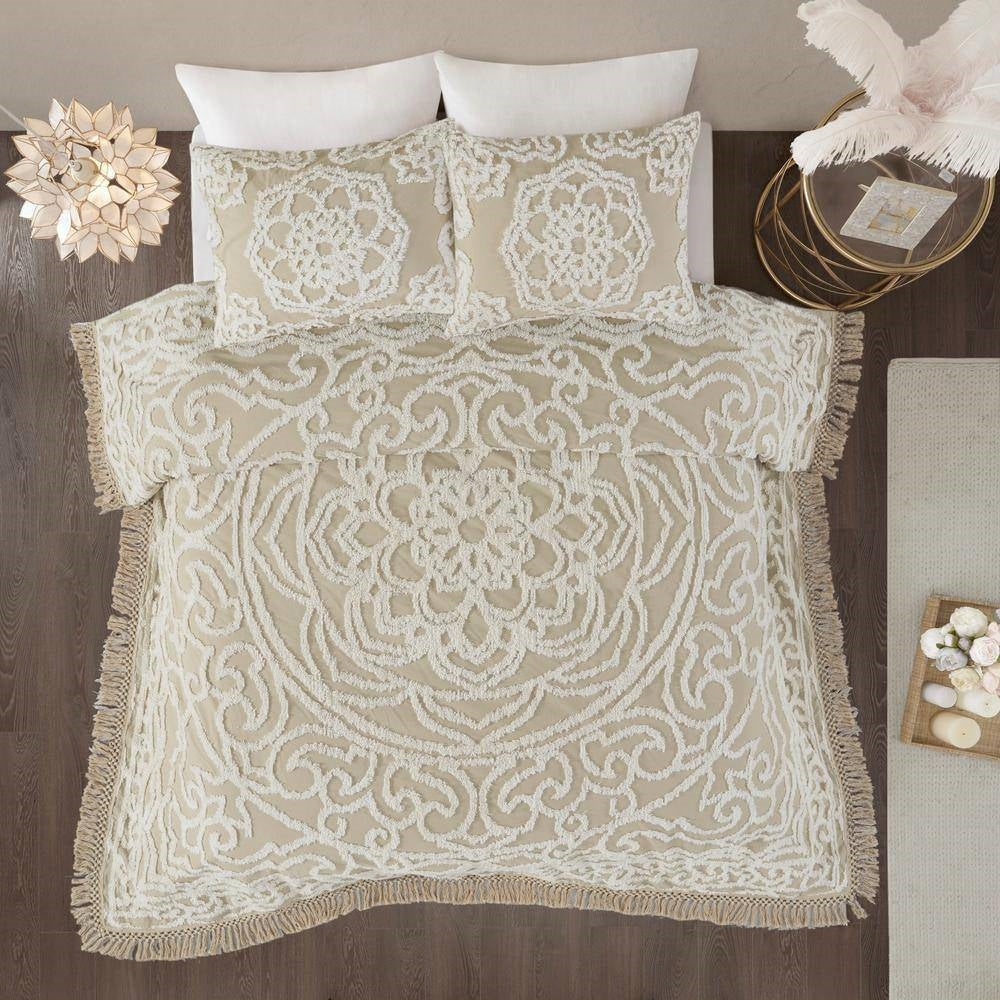 King 100-Percent Cotton Chenille Bedspread with Fringe Hem in Khaki Taupe Beige-1