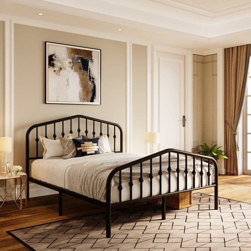 King Farmhouse Spindle Black Metal Platform Bed Frame with Headboard Footboard-1