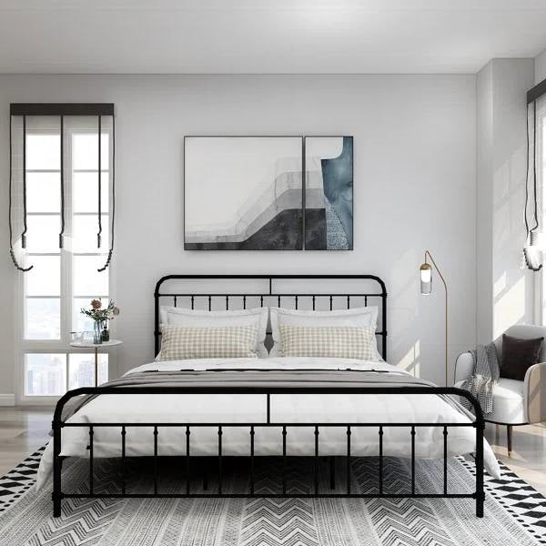 King size Black Metal Platform Bed Frame with Rounded Headboard Footboard-0