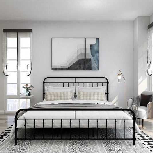 King size Black Metal Platform Bed Frame with Rounded Headboard Footboard-0