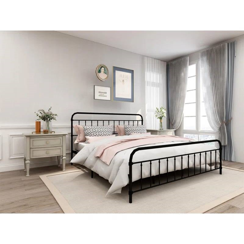 King size Black Metal Platform Bed Frame with Rounded Headboard Footboard-1