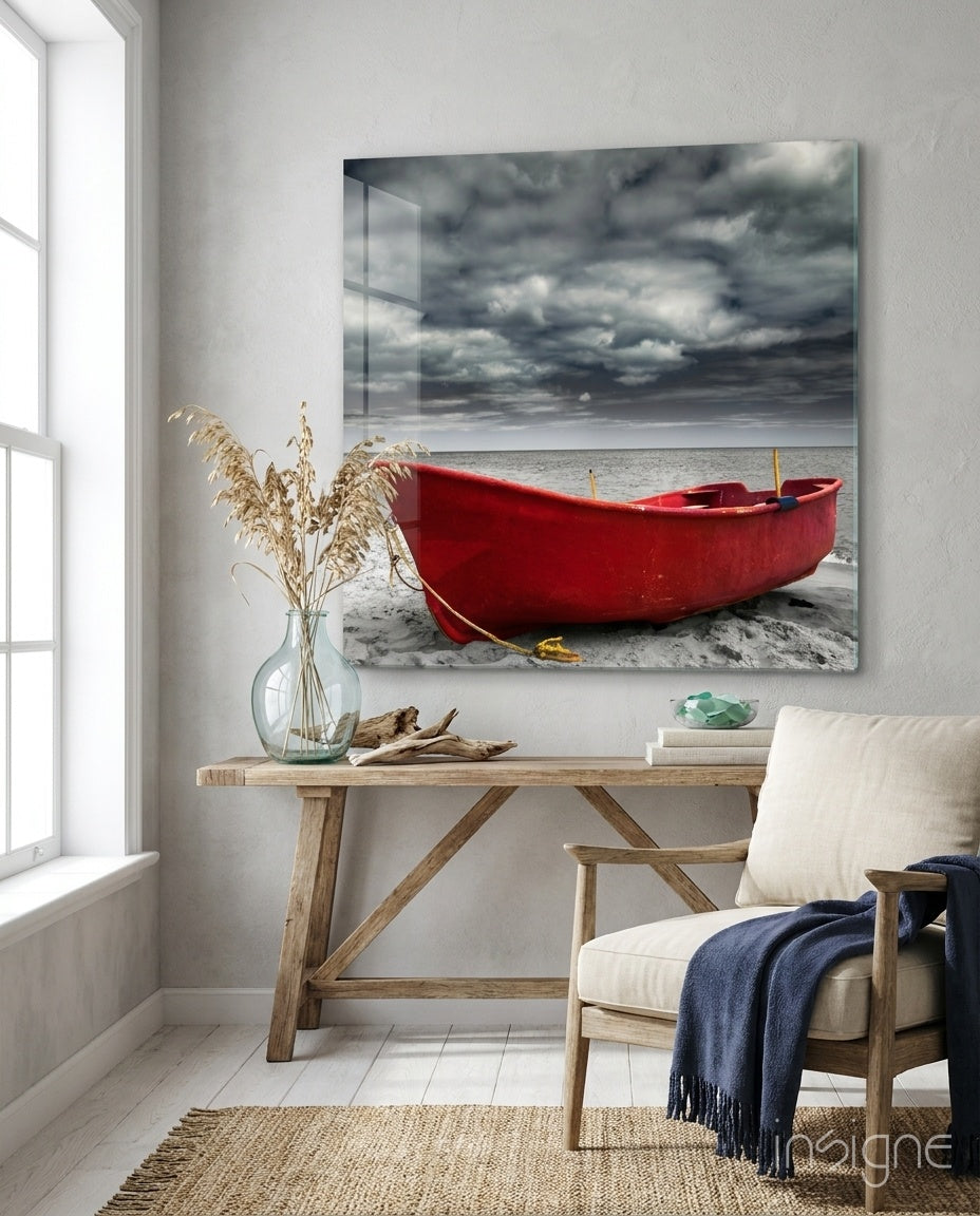 Red Kayak Glass Wall Art