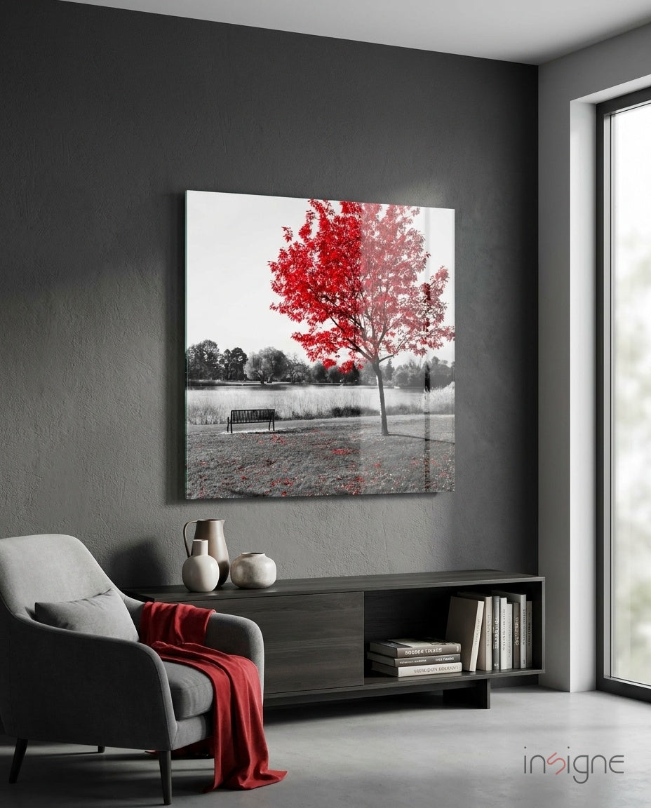 Red Tree Glass Wall Art
