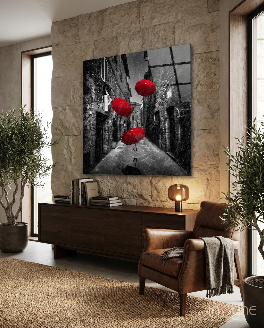 Red Umbrella Glass Wall Art