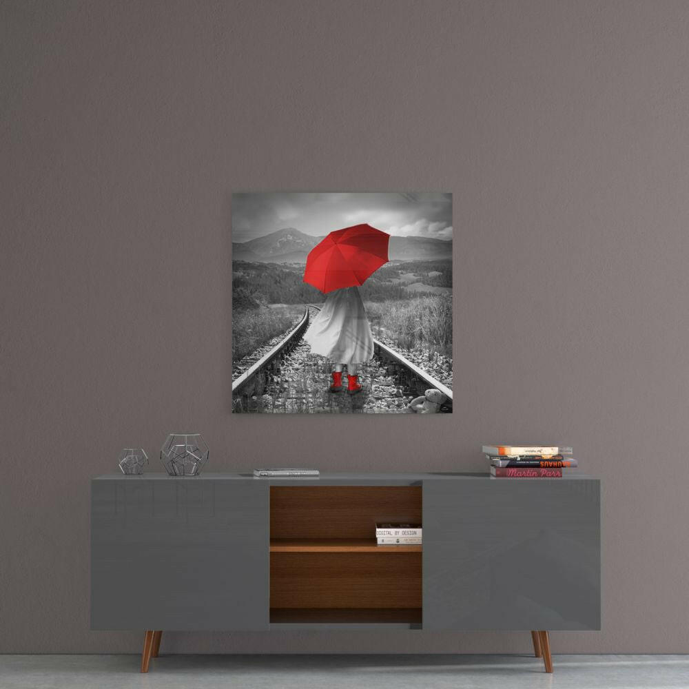 Girl with Red Umbrella Glass Wall Art