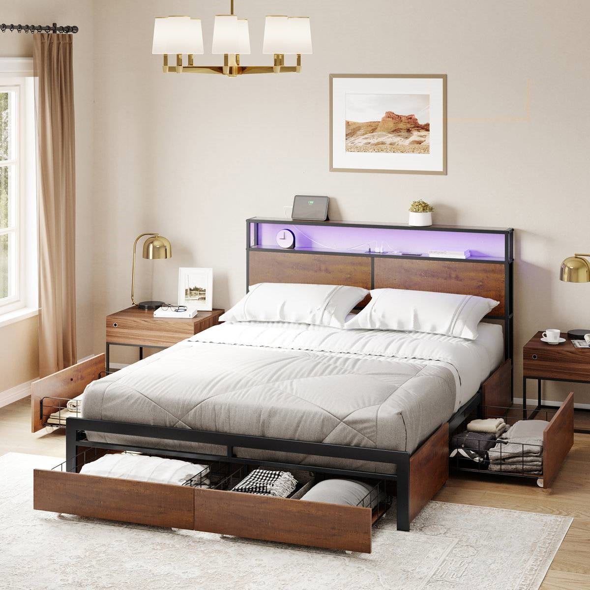 King size Platform Bed with Headboard and Storage Drawers in Brown Wood Finish-2