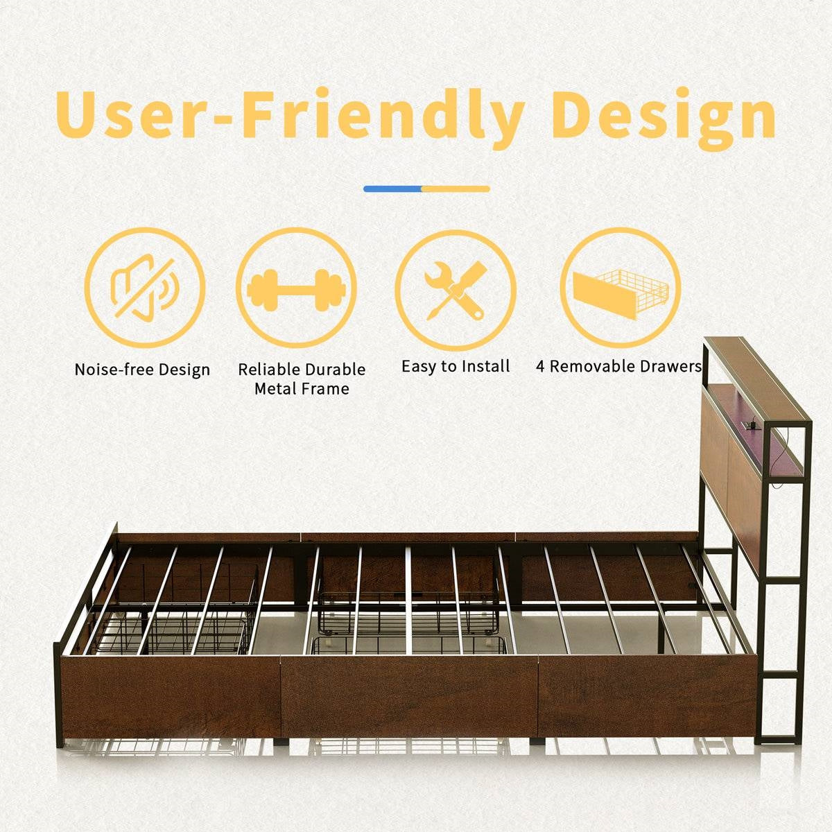 King size Platform Bed with Headboard and Storage Drawers in Brown Wood Finish-3