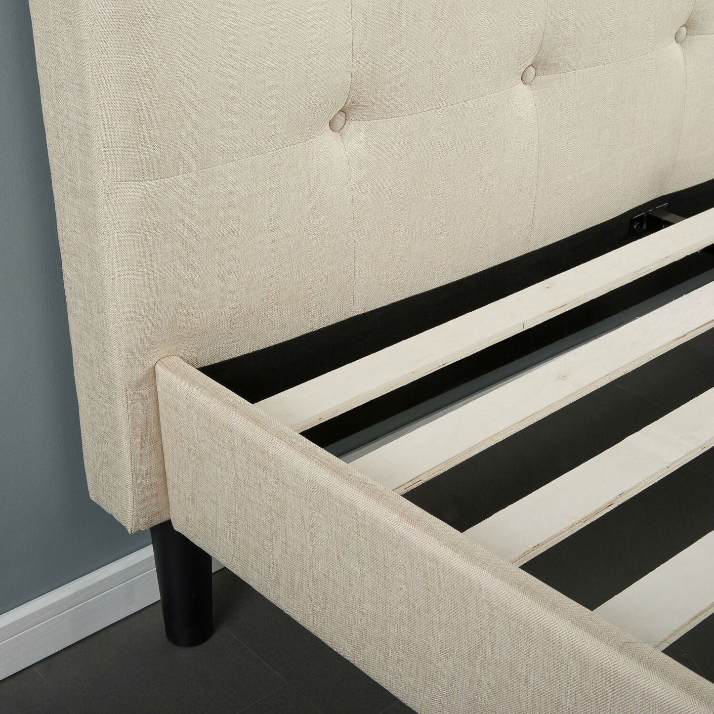 King size Taupe Beige Upholstered Platform Bed Frame with Headboard-2