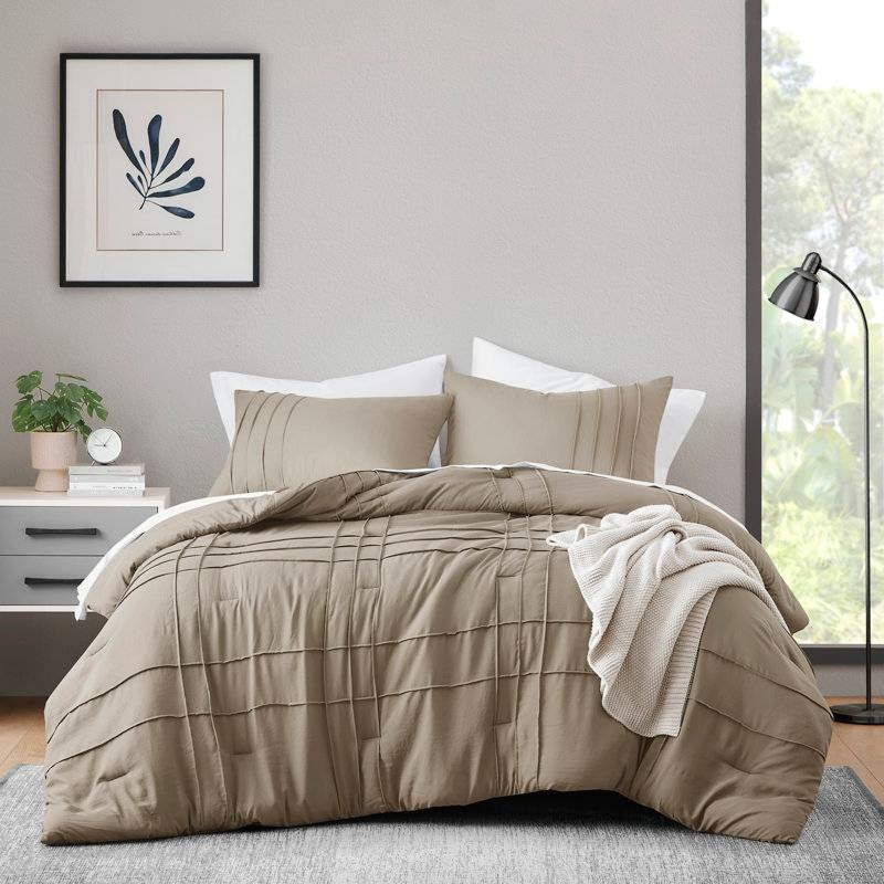 King size Microfiber Pleated Soft Lightweight Comforter Set Tan Khaki Taupe-0