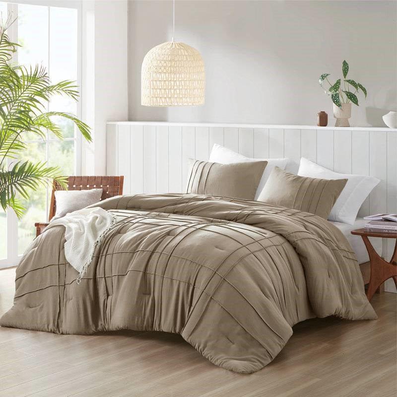 King size Microfiber Pleated Soft Lightweight Comforter Set Tan Khaki Taupe-1