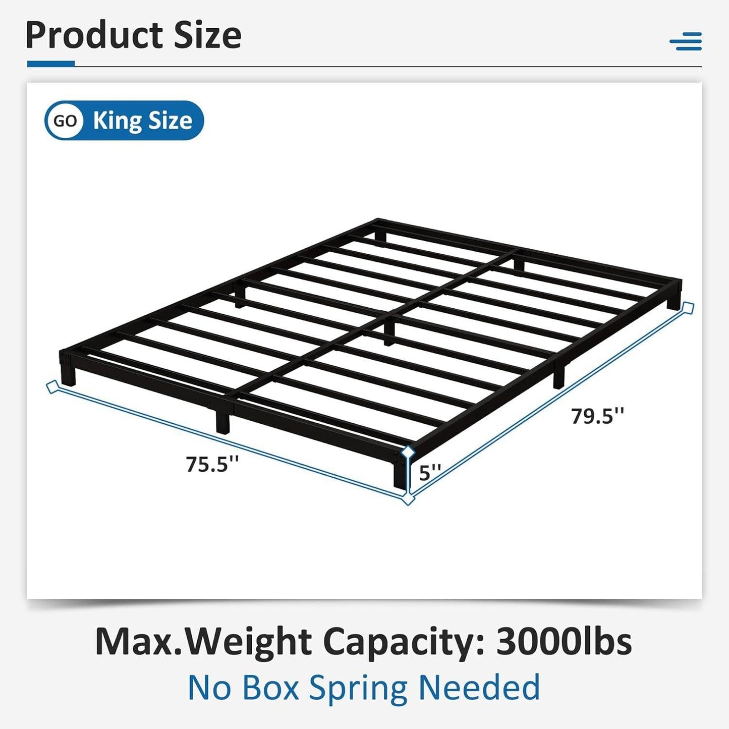 King size 5-inch Heavy Duty Metal Bed Frame with 3,000 lb. Weight Capacity-4