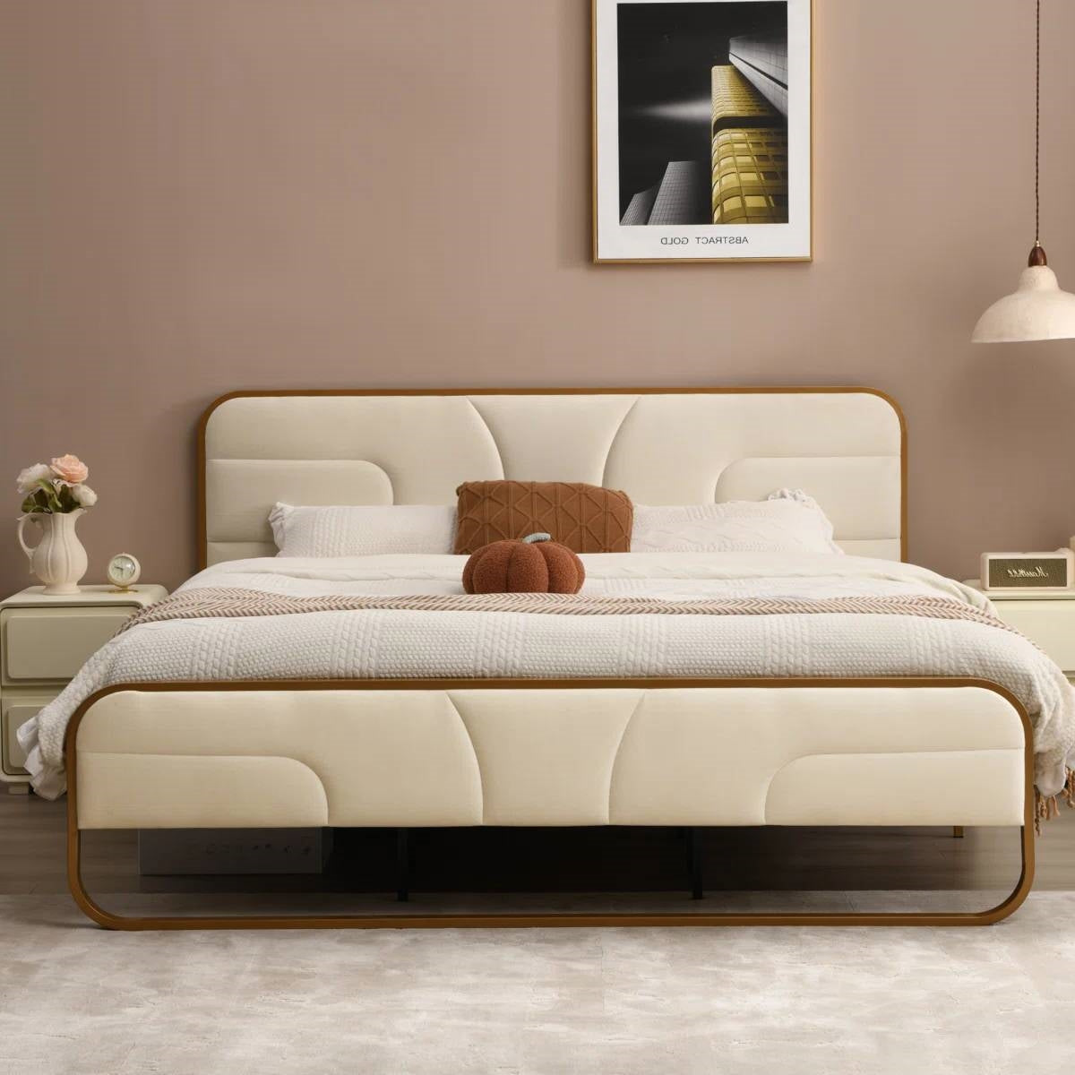 King Beige Upholstered Headboard Footboard Platform Bed with Gold Metal Frame-0