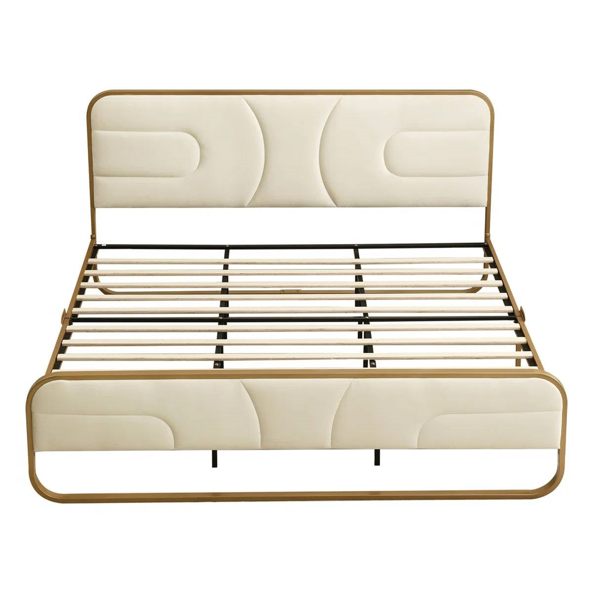 King Beige Upholstered Headboard Footboard Platform Bed with Gold Metal Frame-1