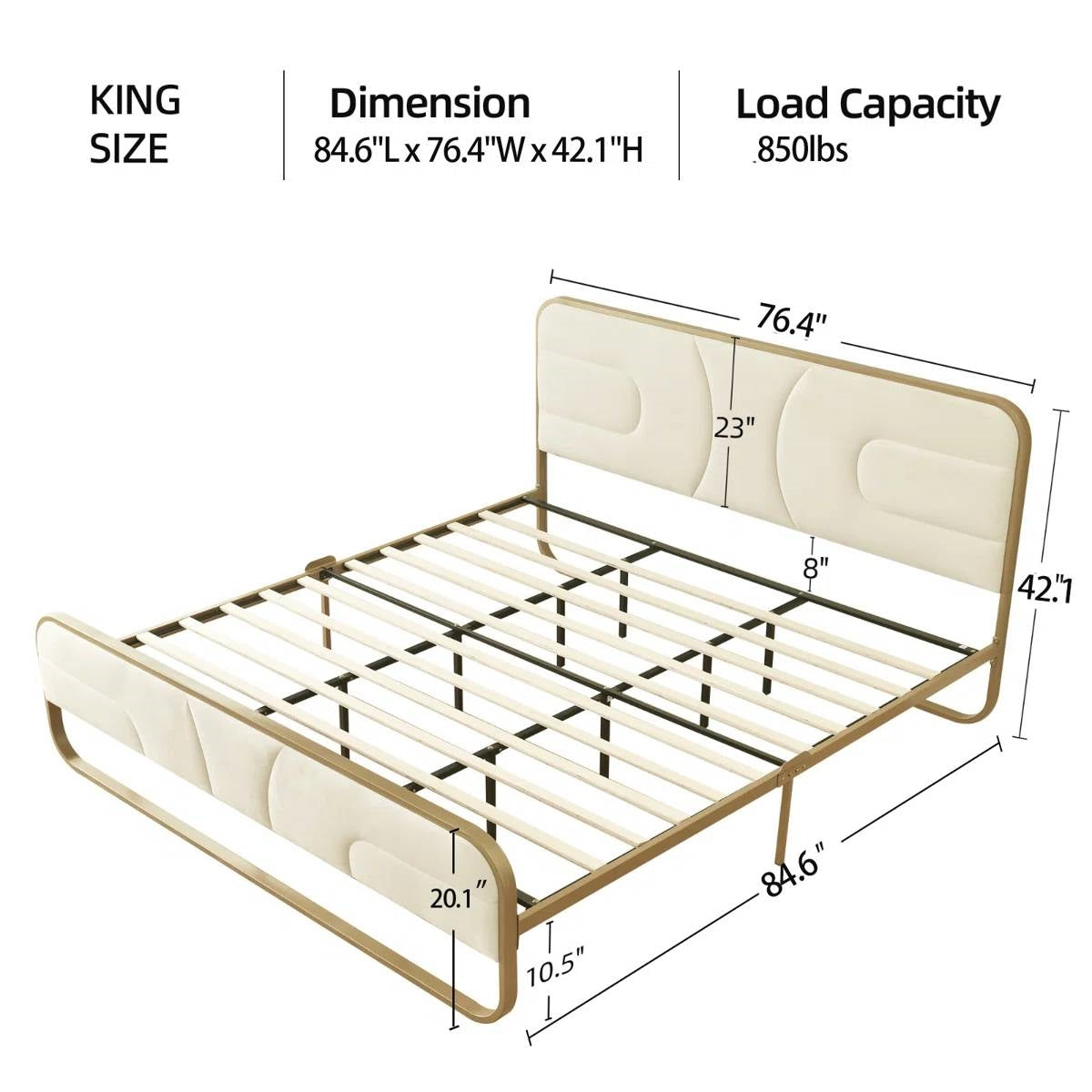King Beige Upholstered Headboard Footboard Platform Bed with Gold Metal Frame-4
