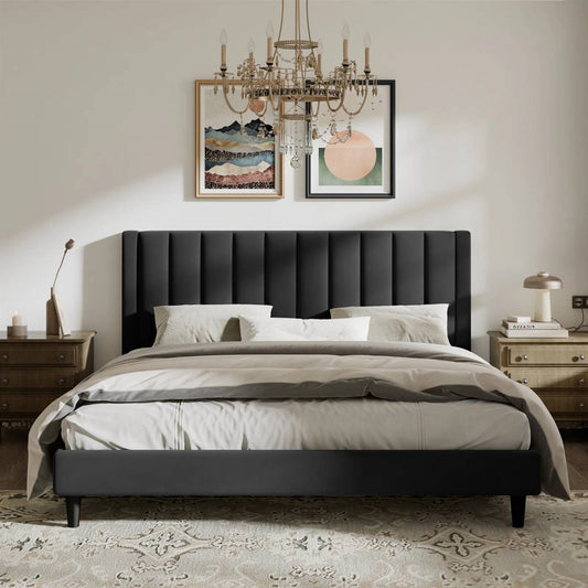 King size Modern Black Velvet Upholstered Platform Bed with Headboard-0