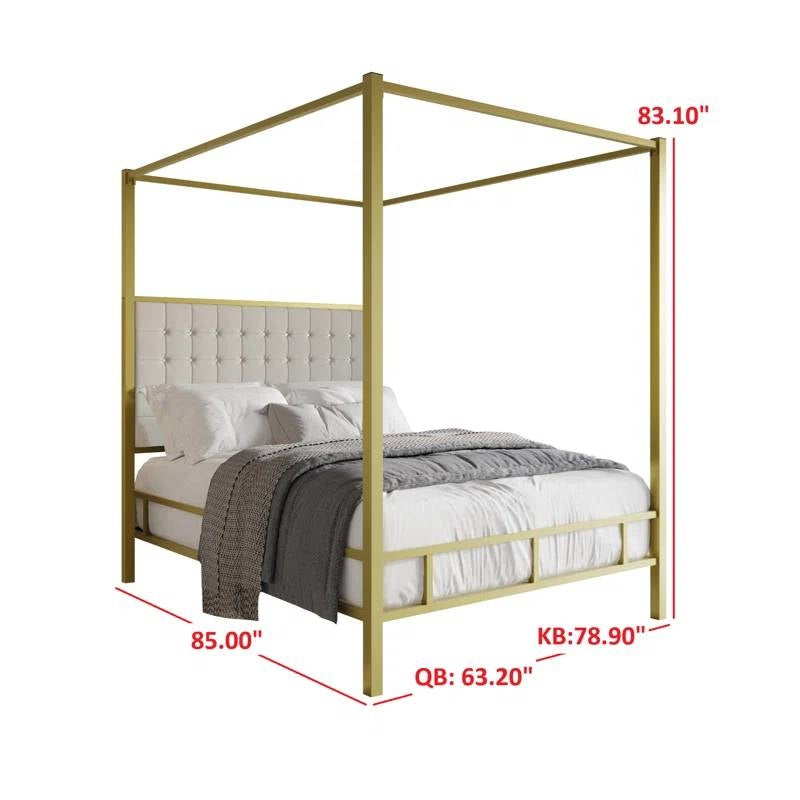 King size Gold Metal Canopy Bed with Upholstered Button-Tufted Headboard-4