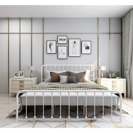 King White Metal Platform Bed Frame with Rounded Corners Headboard Footboard-0