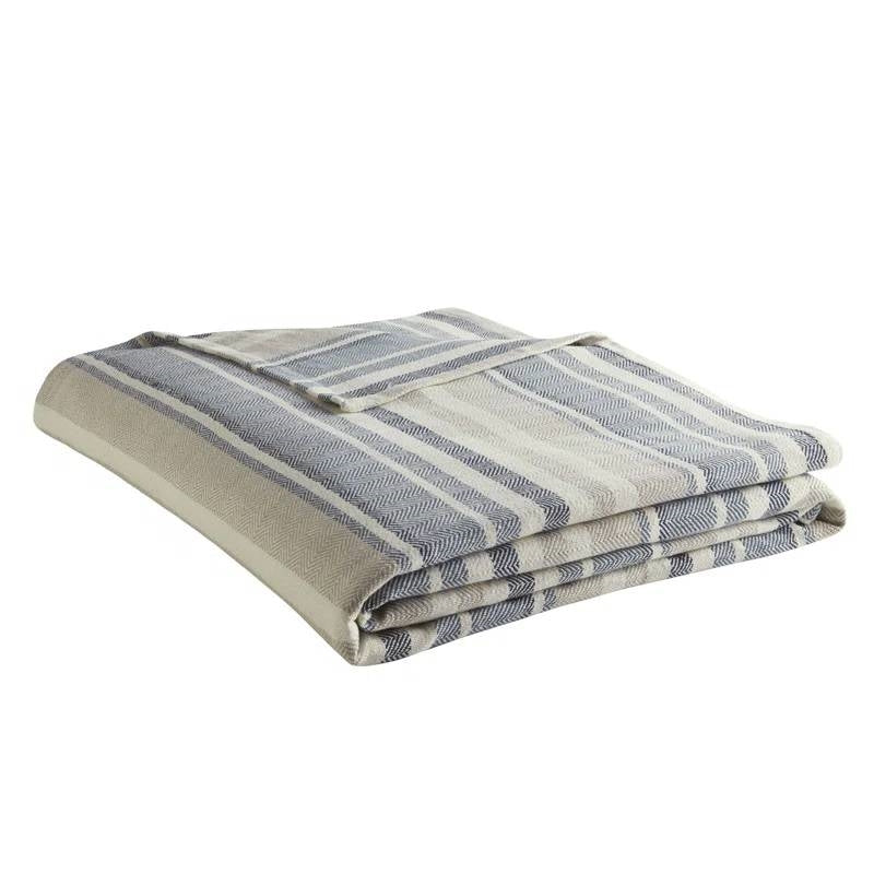 King size Navy Blue Tan Cream Chevron Stripe Lightweight Cotton Blanket-1