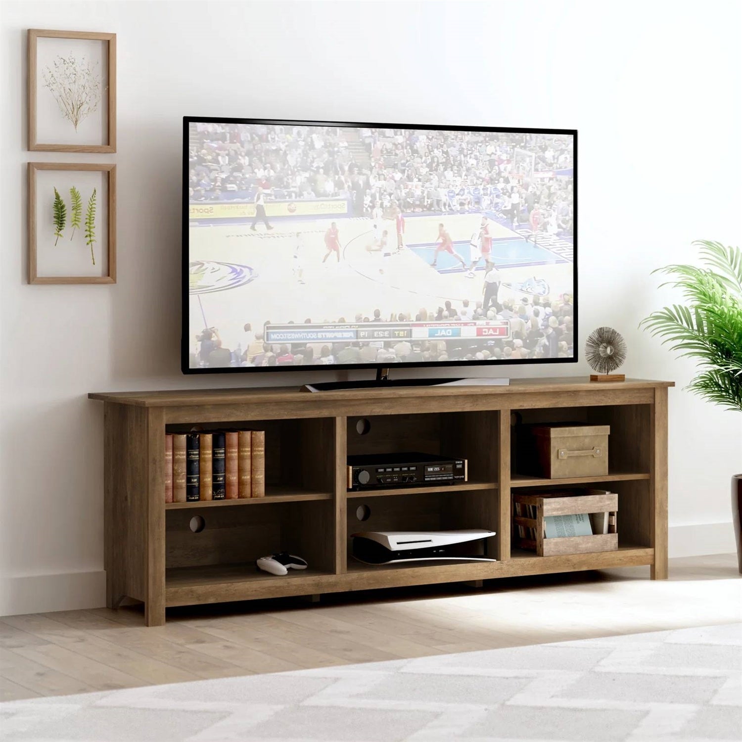Farmhouse Style TV Stand with 6 Storage Compartments in Brown Oak Wood Finish-0