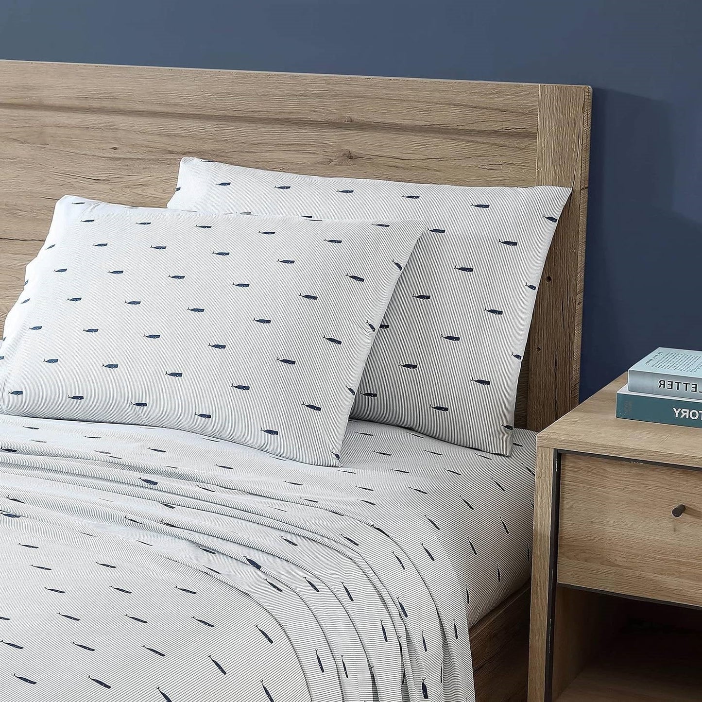 King size Coastal Beach 100-Percent Cotton Navy Blue White Stripe Sheet Set-3