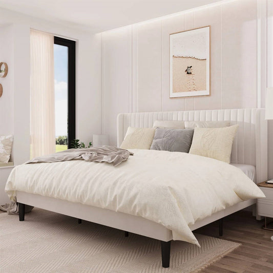 King size White Velvet Upholstered Platform Bed Frame with Wingback Headboard-0