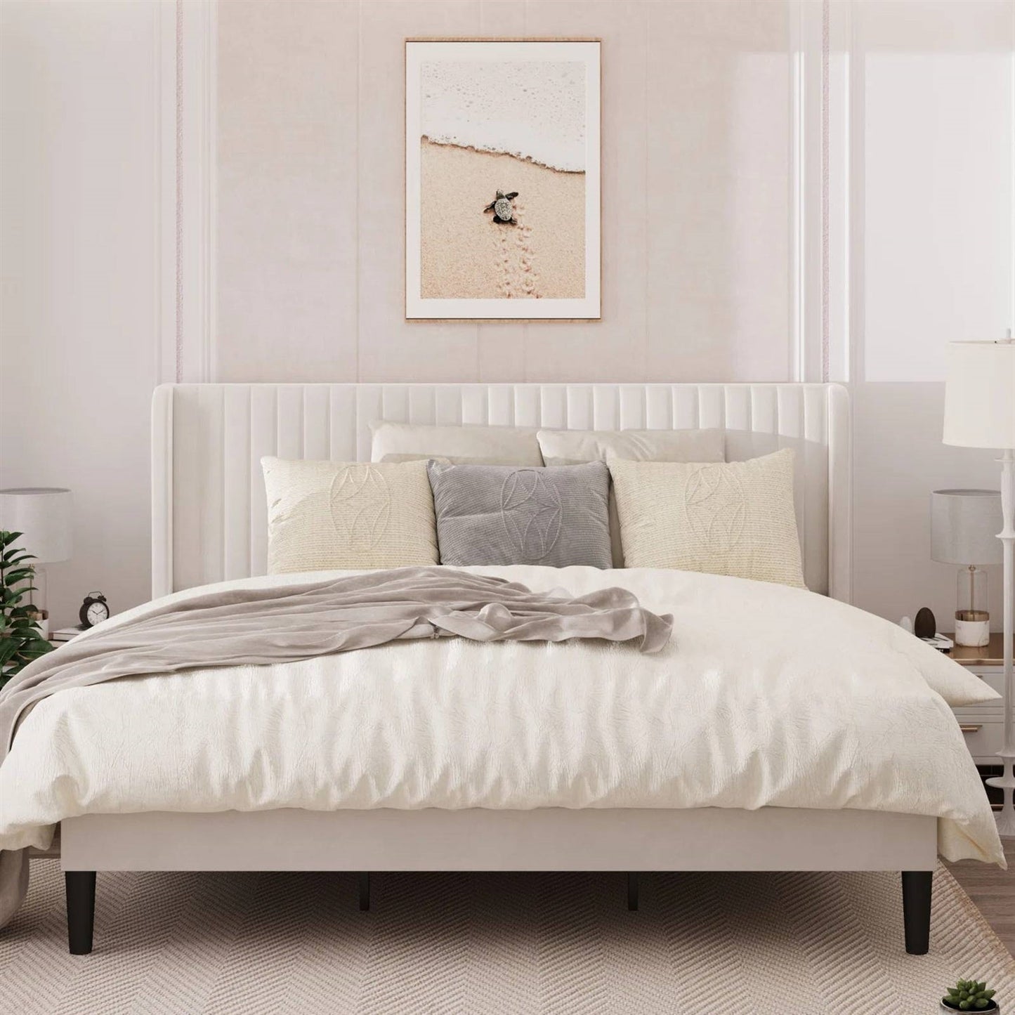 King size White Velvet Upholstered Platform Bed Frame with Wingback Headboard-1
