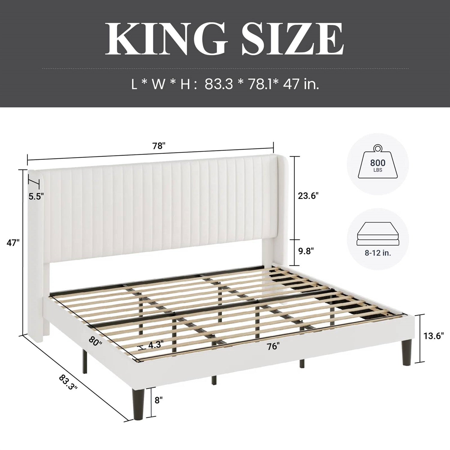 King size White Velvet Upholstered Platform Bed Frame with Wingback Headboard-4