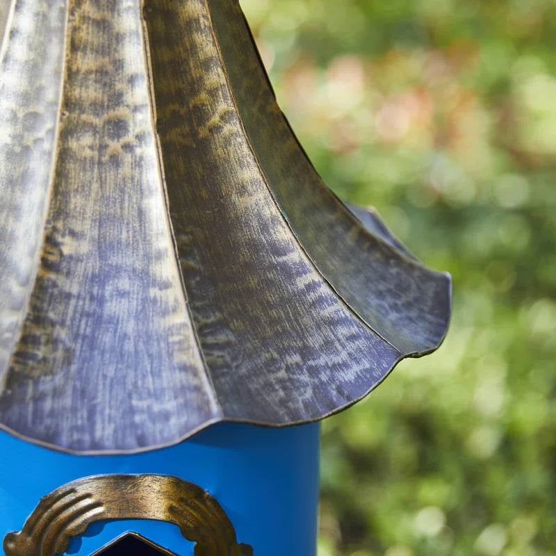Outdoor Teal Blue Metal Birdhouse with Vintage Bronze Phonograph Style Roof-3