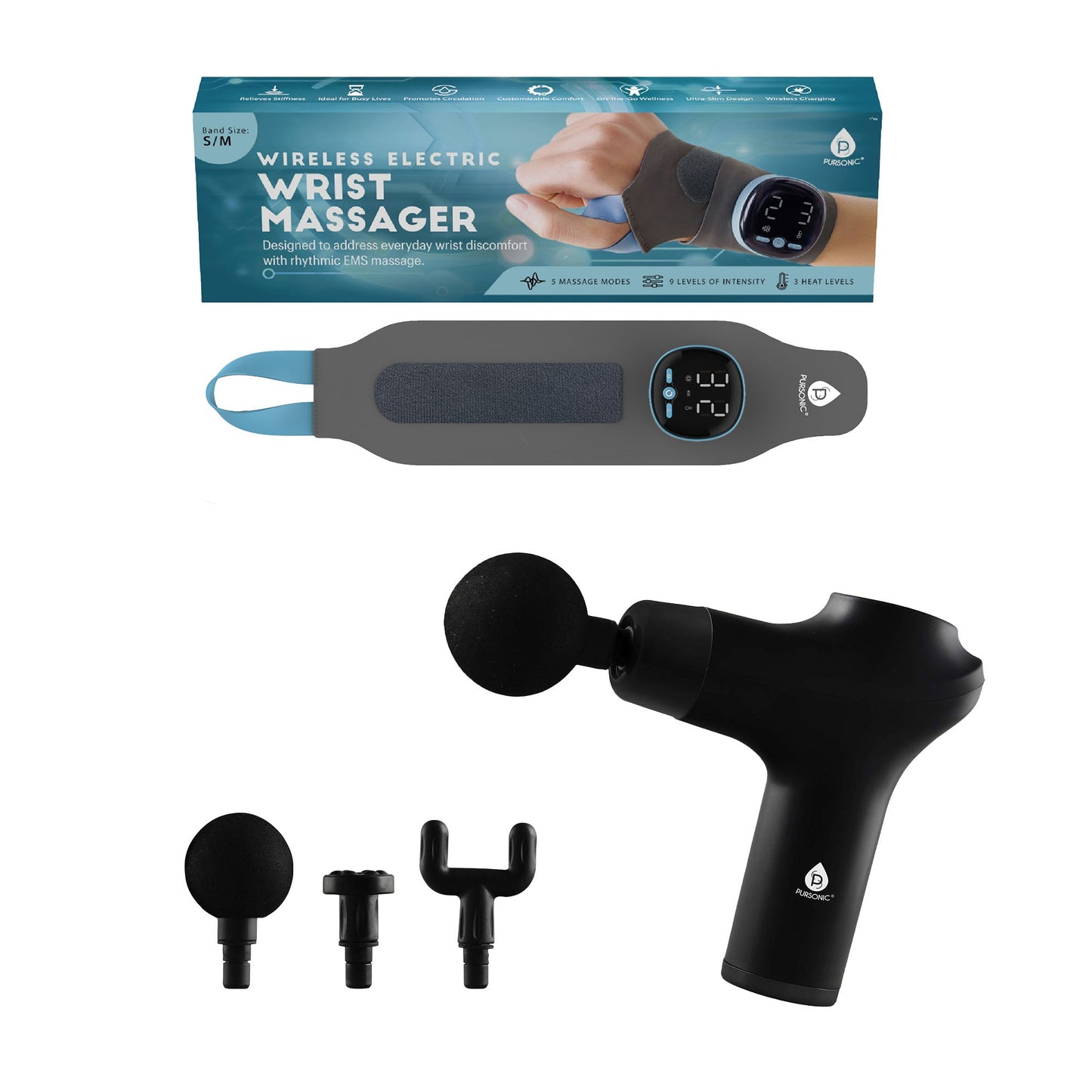 Pursonic EMS Wrist Massager & 3-Speed Massage Gun Bundle – Targeted Relief & Muscle Recovery for Hands, Wrists & Body-0
