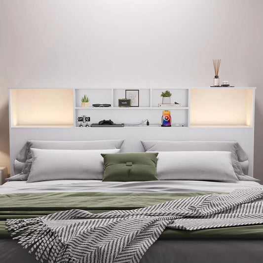 King size Bookcase Headboard in White Wood Finish with LED Lights-0