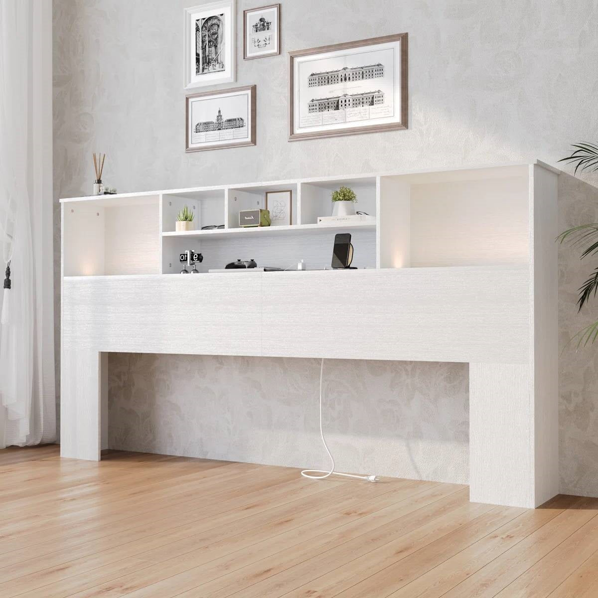 King size Bookcase Headboard in White Wood Finish with LED Lights-1