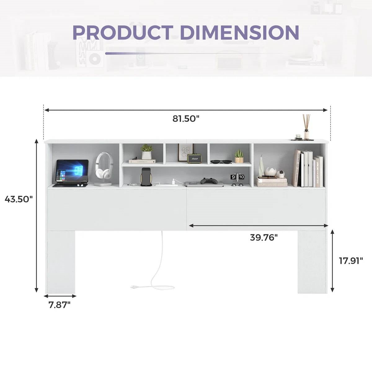 King size Bookcase Headboard in White Wood Finish with LED Lights-4