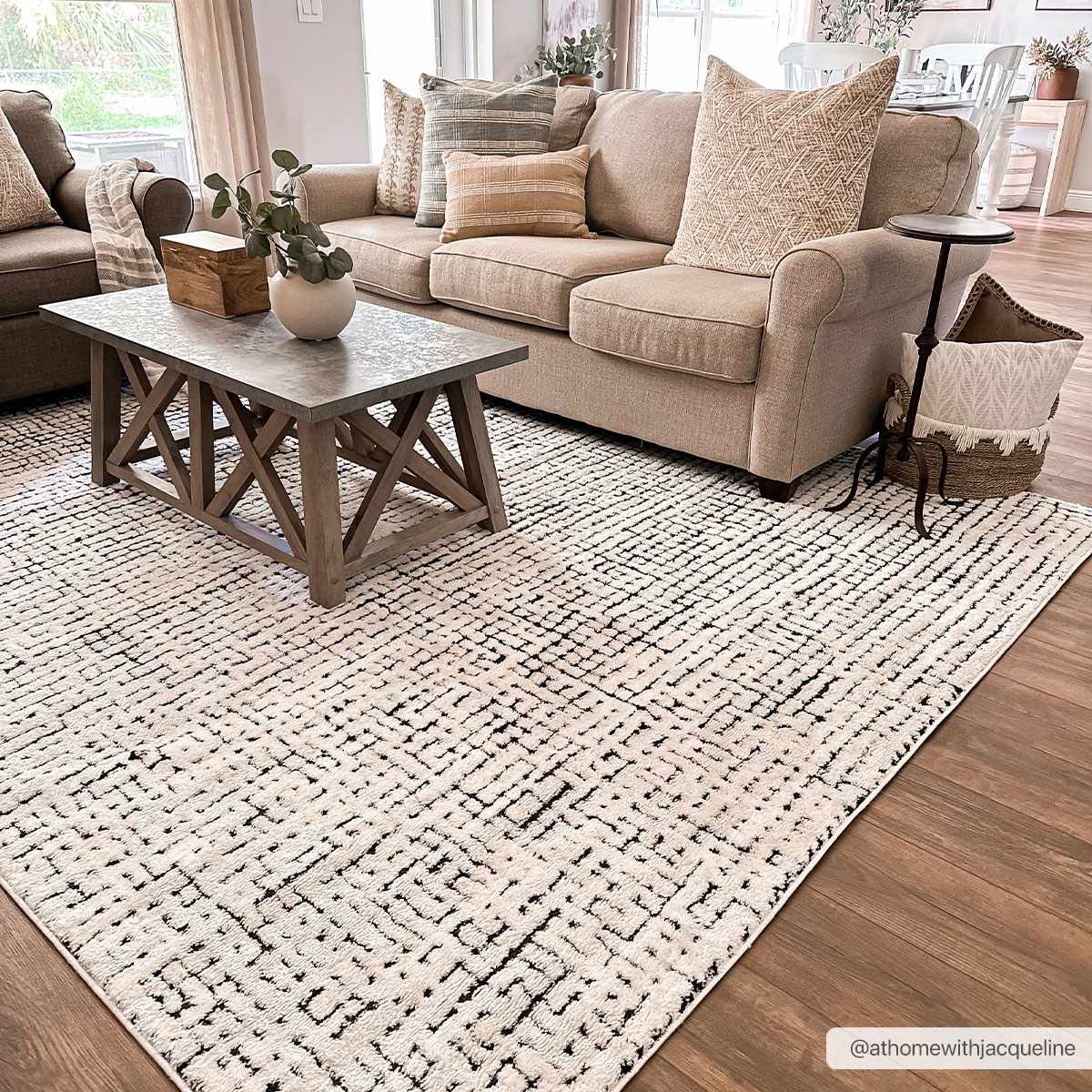 Keita Cream & Black Grid Plush Rug-2