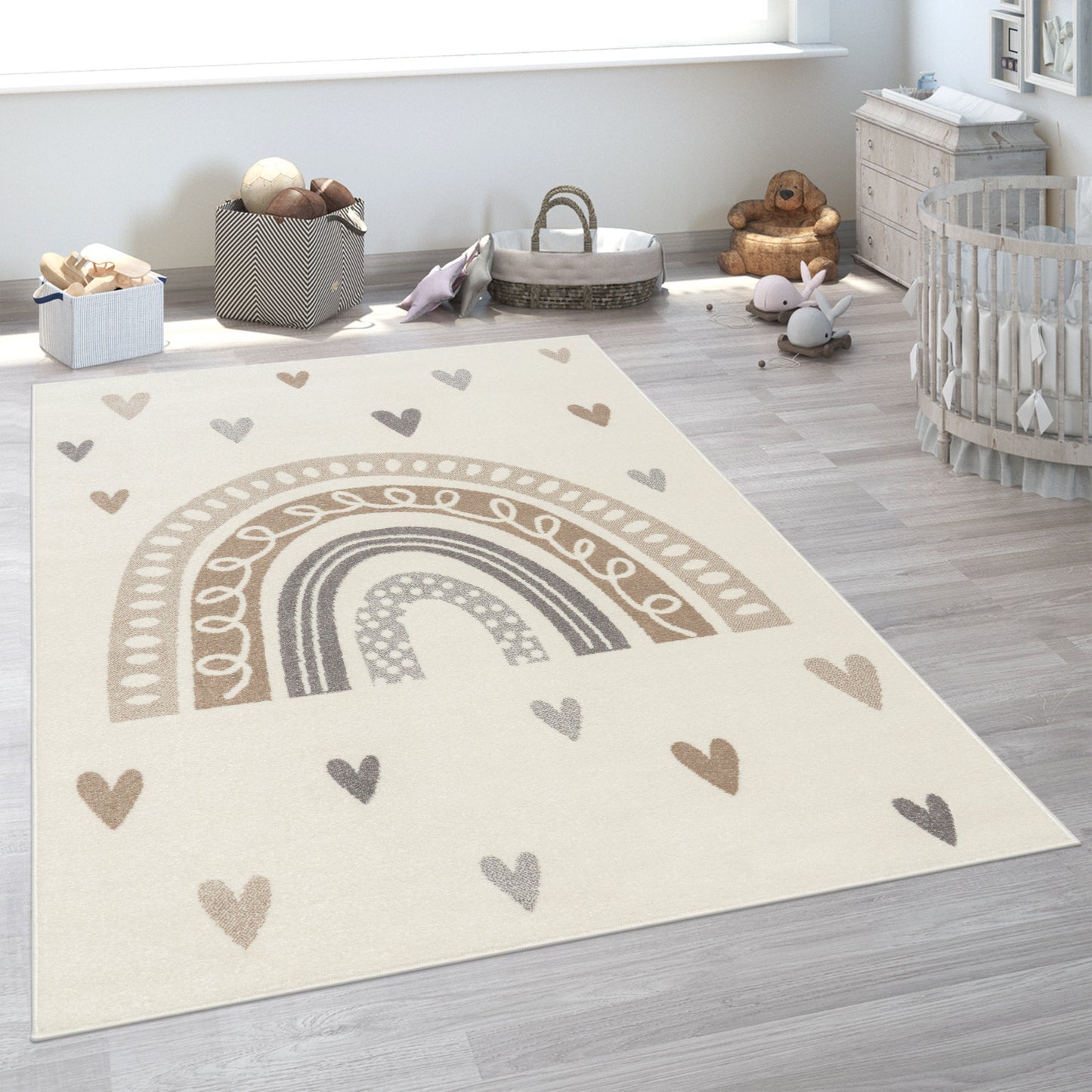 Kids Rug Nino with Rainbow and Hearts for Nursery in Beige Brown-4