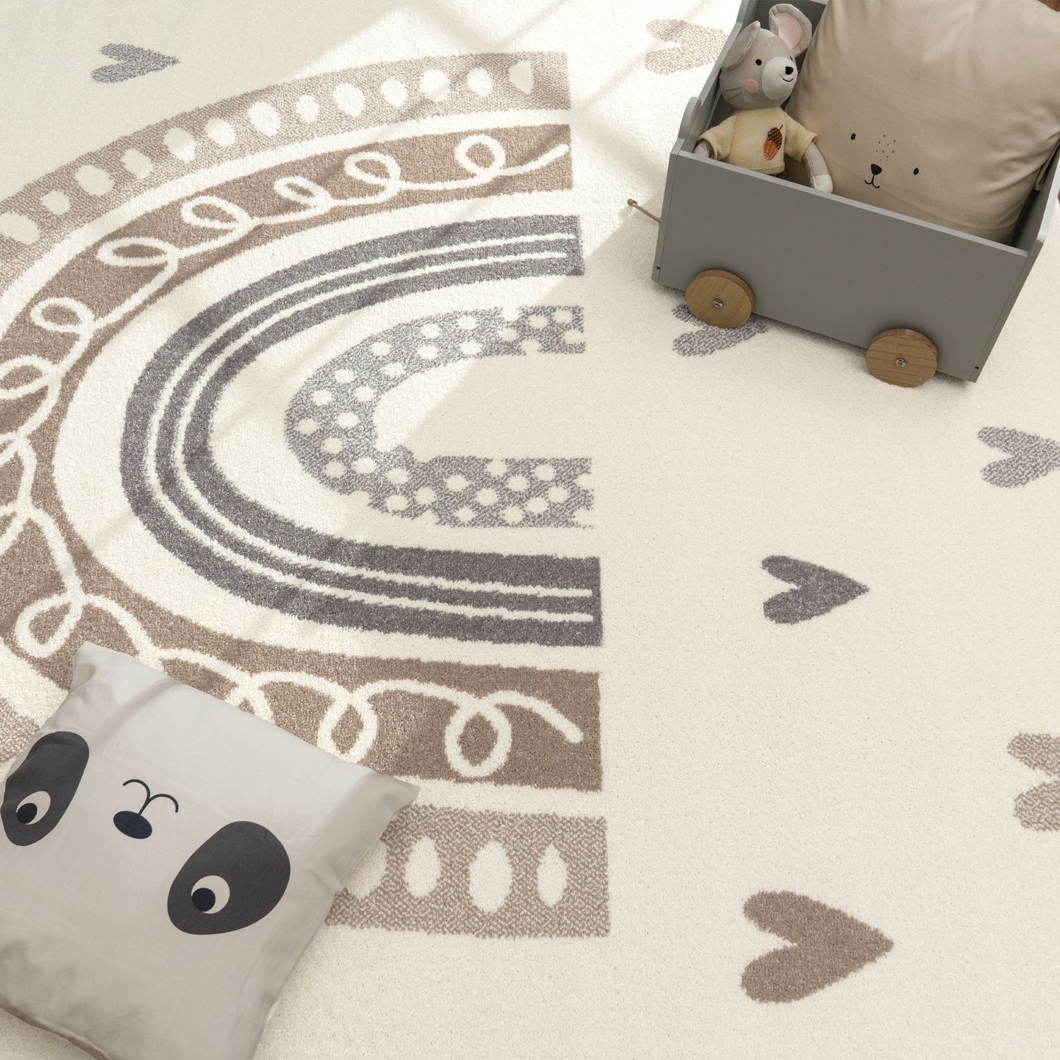 Kids Rug Nino with Rainbow and Hearts for Nursery in Beige Brown-1