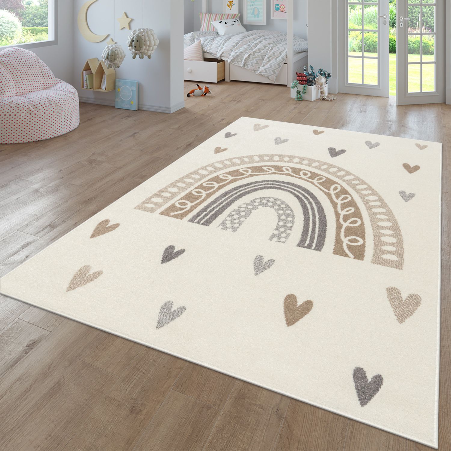 Kids Rug Nino with Rainbow and Hearts for Nursery in Beige Brown-0