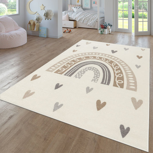 Kids Rug Nino with Rainbow and Hearts for Nursery in Beige Brown-0